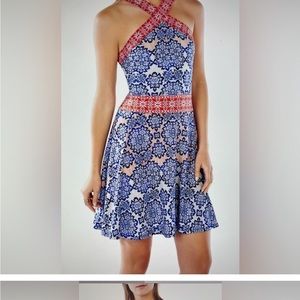 BCBGMaxAzria Nadia criss-cross halter mini dress Blue Red Medium